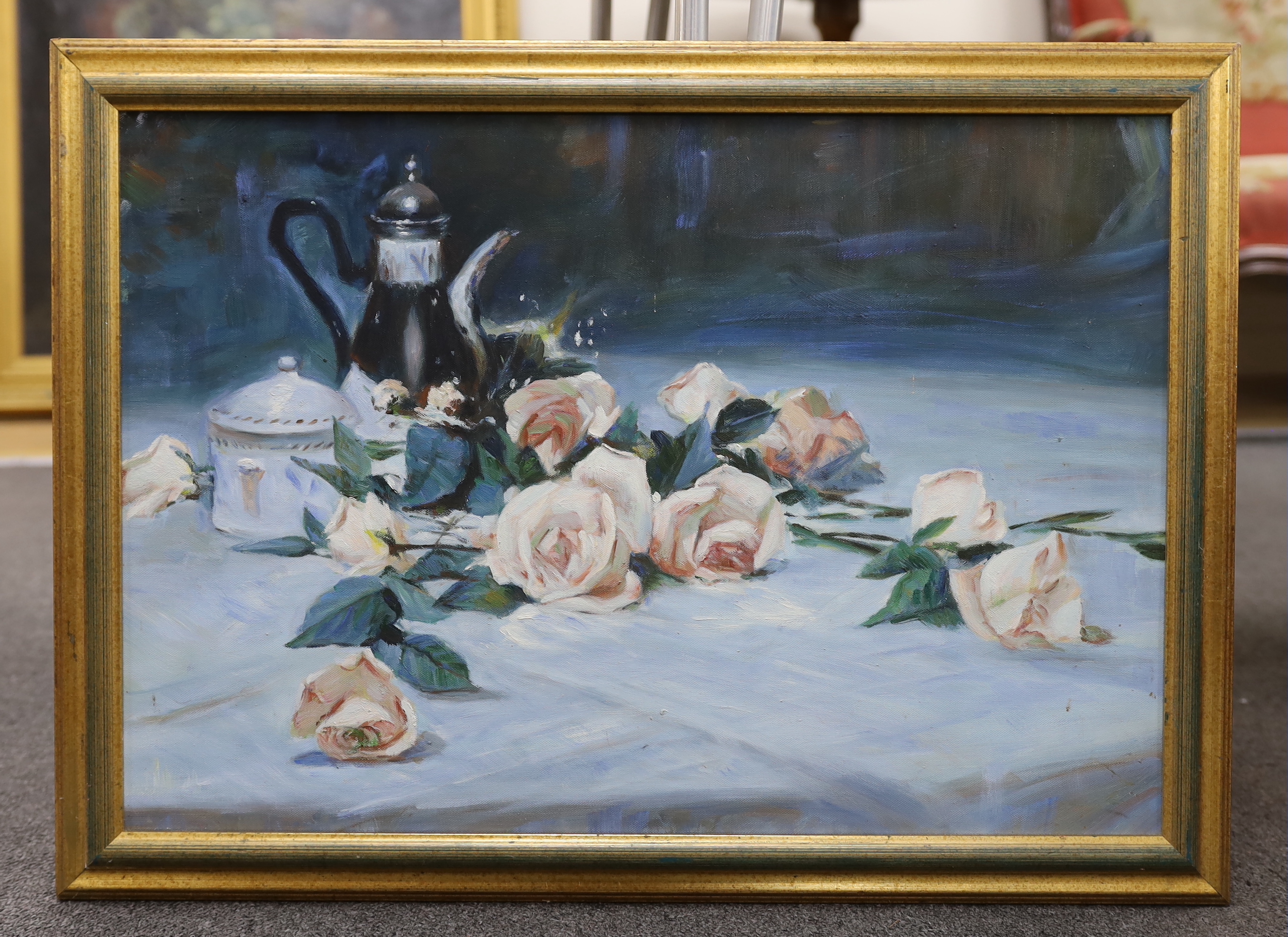 Continental School, oil on canvas, Still life of roses and a coffee pot, 40 x 57cm
